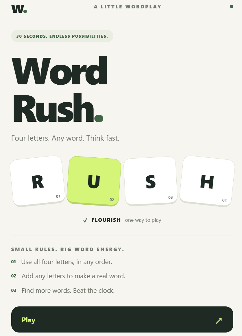 Word Rush start screen showing four letter tiles, rules, and Play button